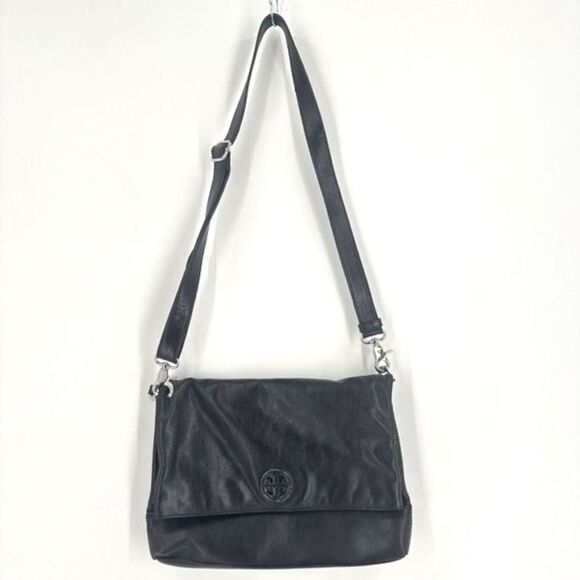 Tory Burch Womens Leather Foldover Crossbody Shoulder Bag Dena Black Size Medium - Picture 3 of 16